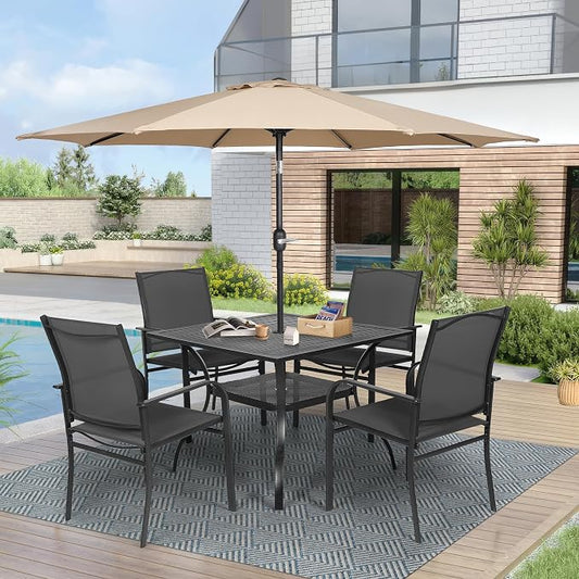 Crownland 5 Piece Patio Dining Set, Textilene Dining Sets, 4 Textilene Metal Chairs and Square Outdoor Dining Table with Khaki 9FT Round Outdoor Umbrella (Black)