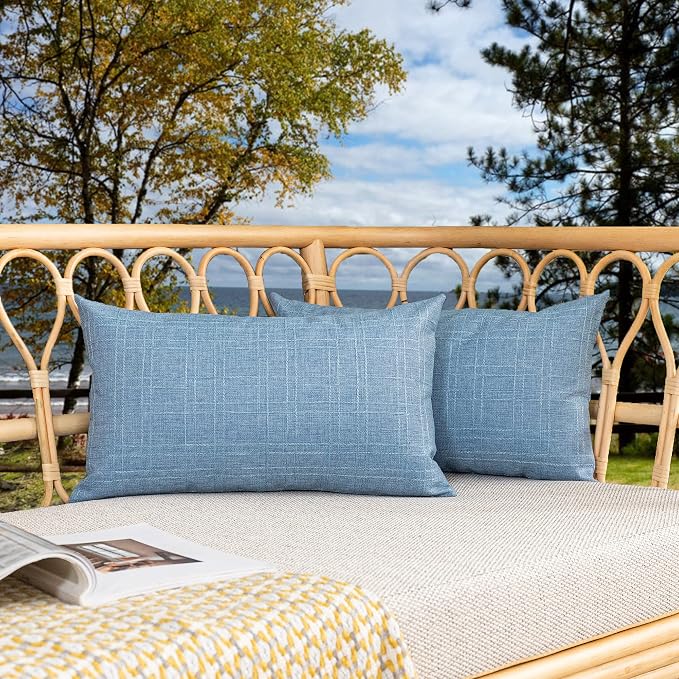 Kevin Textile Outdoor Waterproof 14”x24” Pillow Covers 2 Pack, Light Blue | Water Resistant, Soft Faux Linen-cotton Yarn-dyed Woven Texture Throw Pillow Covers for Tent Patio Garden Couch Sofa