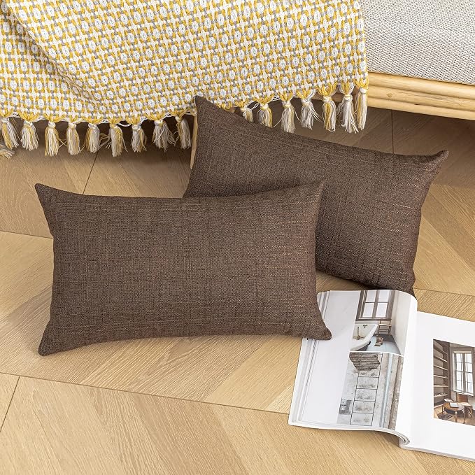 Kevin Textile Outdoor Waterproof 14”x24” Lumbar Pillow Covers 2 Pack, Brown | Water Resistant, Soft Faux Linen-cotton Yarn-dyed Woven Texture Throw Pillow Covers for Tent Patio Garden Couch Sofa