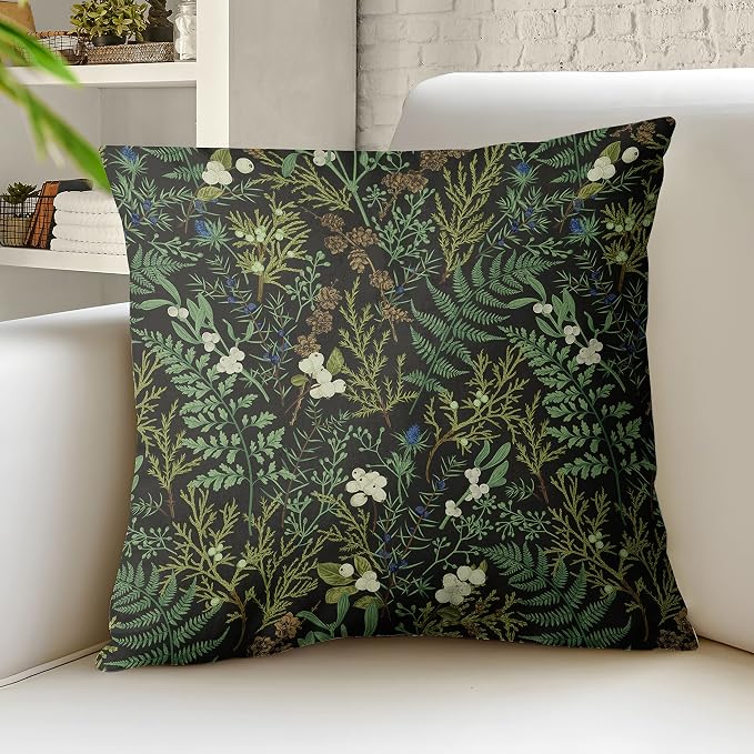 Green Plant Throw Pillow Covers 18x18 Inch Set of 2 Black Green Botanical Leaf Pillow Covers Vintage Floral Cushion Cover Farmhouse Waterproof Decor for Living Room Bedroom Sofa Patio Outdoor