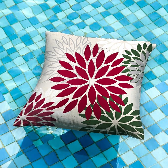 DFXSZ Outdoor Waterproof Pillow Covers 16x16 Set of 2 Red Dark Green Flower | Spring Summer Waterproof Flower Throw Pillowcases（No Inserts）Decor for Christmas Patio Funiture Garden Polyester Covers