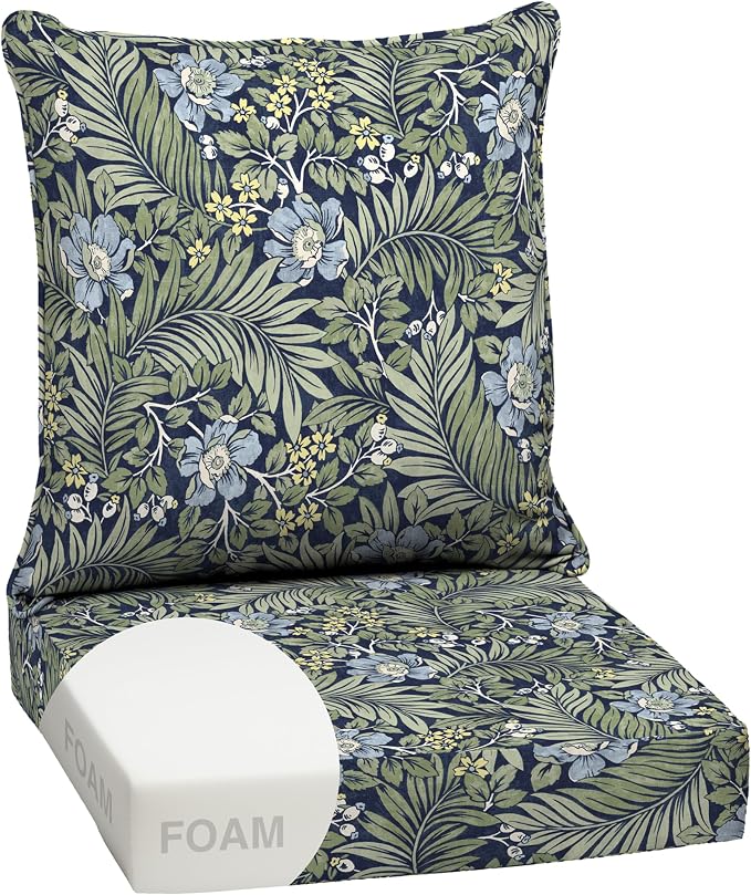 Arden Outdoor Deep Seat Cushion Set, Foam, 24x24, Sapphire Morrison Floral | Sofa, Couch, Conversation Set, Premium High-Density Foam, Never Flattens, Mold and Mildew Resistant