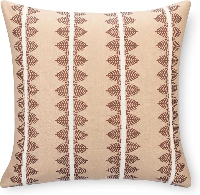 Crumbs Home Modern Farmhouse California Casual Indoor Outdoor Throw Pillow Cover, 20"x20" Water Repellent for Patio, Backyard, Couch, Poolside, Earth Tone Cocoa Brown Tan Print Leaves Stripes