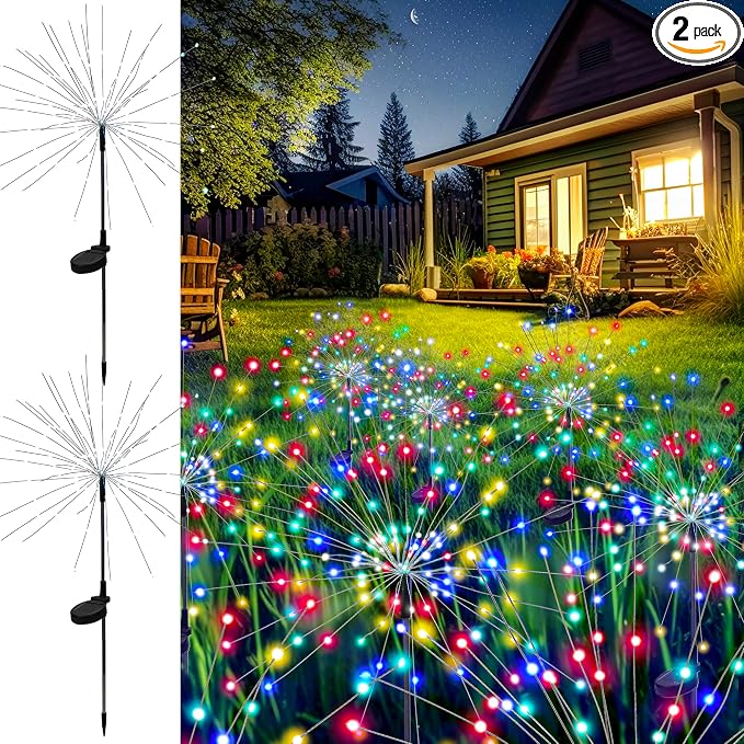 GIGALUMI 2 Pack Solar Firework Lights Outdoor, Garden Decor, Multicolored | 120 LEDs, Fairy Design, Waterproof, Garden Decor, Solar Powered for Yard, Pathway, Flowerbed, Planter, Balcony, Gifts for Mom