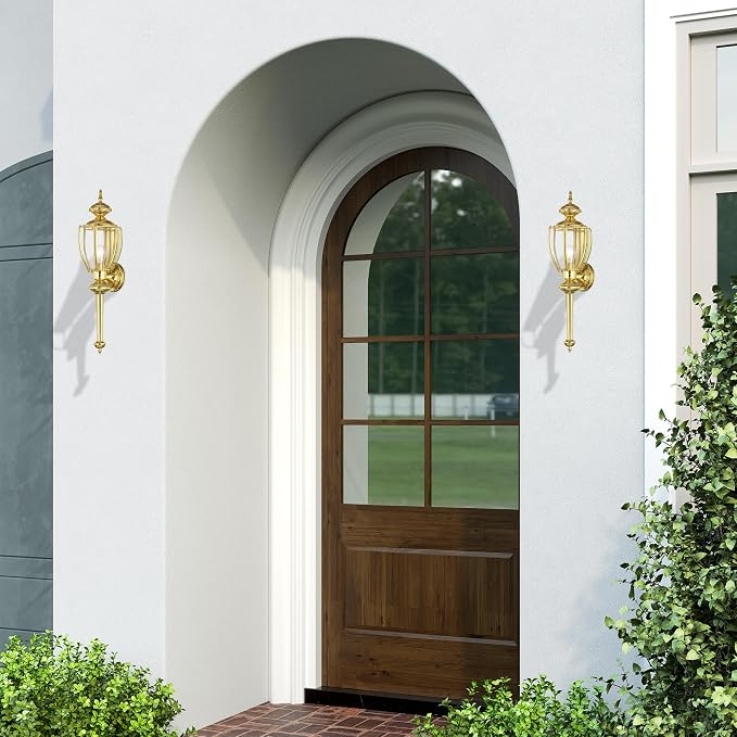 Livex Lighting 2112-02 Outdoor Wall Lantern, Polished Brass | Clear Beveled Glass Shades