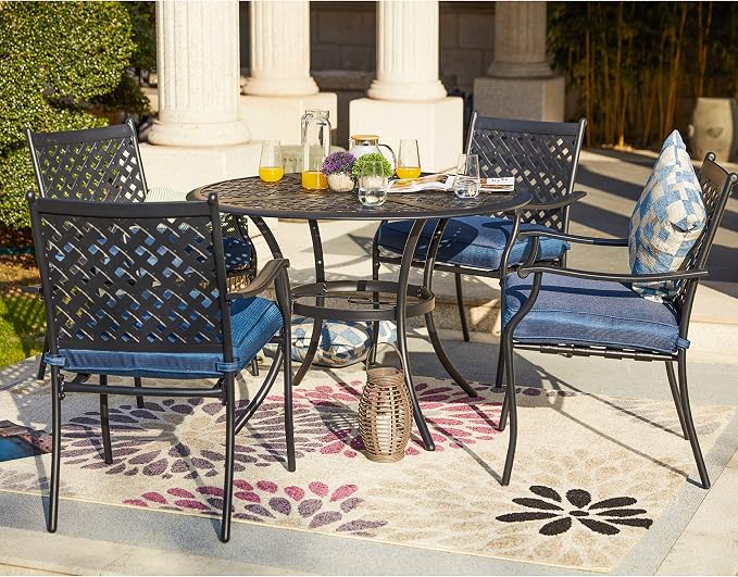 LOKATSE HOME 42.1'' Outdoor Patio Bistro Metal Wrought Iron Round Dining Table with Umbrella Hole - Black