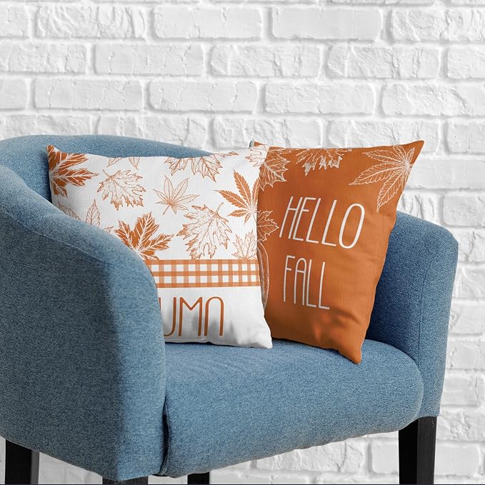 Hello Fall Pillow Covers Burnt Orange Maple Leaves Pumpkin Throw Pillow Covers 16x16 Set of 2 Autumn Pillowcase Double Sided Printing Cushion Case for Home Decor Couch Sofa
