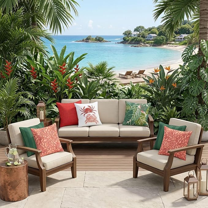 16 x 16 Inch Tropical Monstera Outdoor Pillow, Green Waterproof Patio Throw Cushion for Porch Furniture, Fade Resistant Square Decorative Pillow with Reversible Design