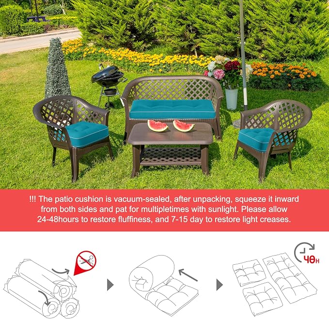 Wenqik 44 x 19 x 4 Inch Outdoor Bench Cushion Set of 3 Waterproof Tufted 1 Patio Loveseat Cushions and 2 Square Chair Seat Pad for Outdoor Furniture Couch Swing Sofa Wicker Settee(Lake Blue)