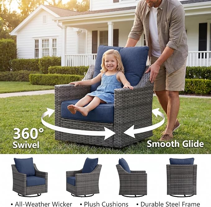 13 Piece Patio Furniture Set with 6" Thick Cushions, Weather-Resistant Wicker Swivel Rocker High Back Chairs and Fire Pit Table for Porch Yard Deck