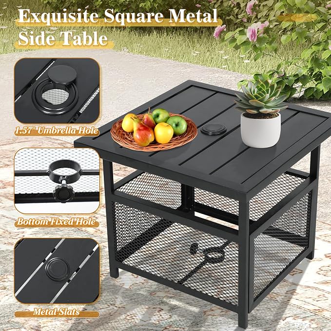 Crownland Outdoor Bistro Patio Square Side Table with 1.57 inches Umbrella Hole for Garden, Swimming Pool, Backyard, Black