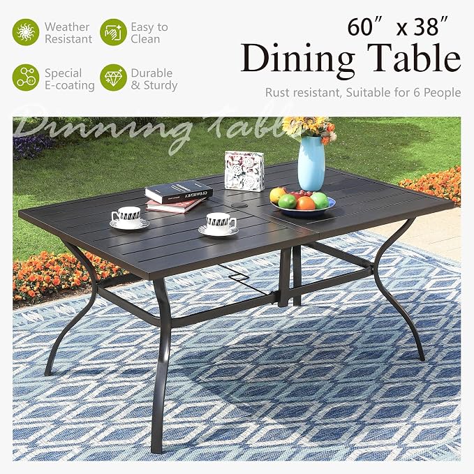 Sophia & William Patio Dining Set for 6 with 13ft Double-Sided Umbrella | 8 Piece Metal Outdoor Table Furniture Set, 6 Outdoor Chairs, 1 Rectangle Dining Table and 1 Large Navy Blue Umbrella