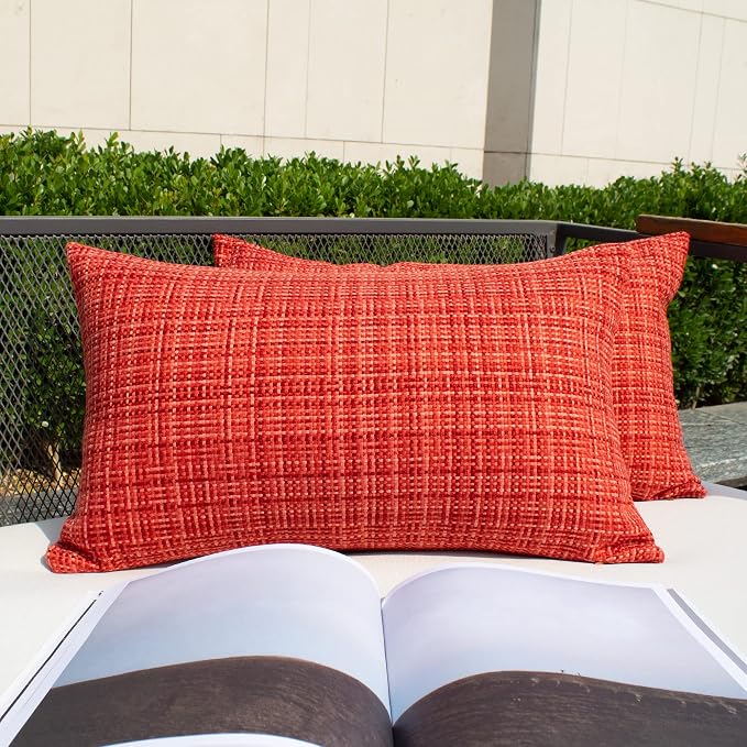 Kevin Textile Outdoor Waterproof 12"x20" Lumbar Pillow Covers 2 Pack, Red | Water Resistant, Faux Linen Yarn-dyed, Woven Texture Throw Pillow Covers for Tent Patio Garden Couch Sofa
