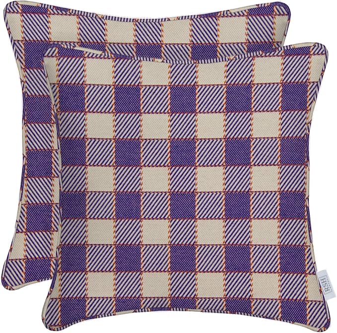 RSH DECOR: Sunbrella Corded Square Throw Pillows Set of 2 | 20" x 20" | Water and Fade-Resistant Performance Fabric | Outdoor Pillow Covers with Down-Alternative Inserts | Encounter Purple Plaid
