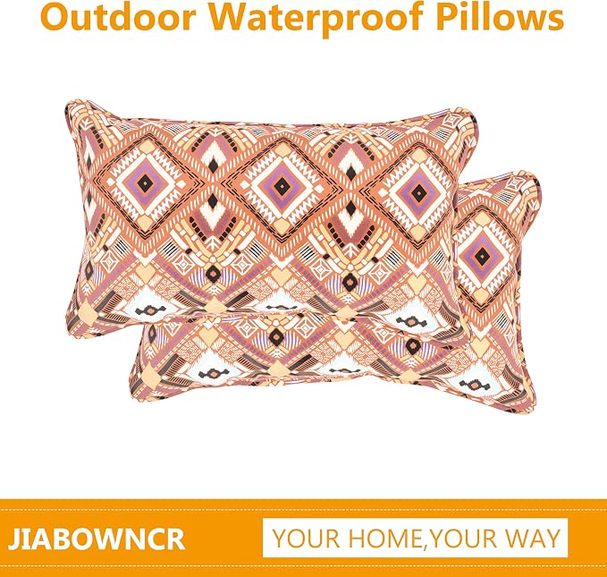 12x20 Inch Outdoor Lumbar Pillows, 4-Pack with Built-in Inserts. One-Piece Zipper-Free Design, Supportive, Fade & Water Resistant for Patio, Porch, Couch and Office Chair, Terracotta Boho