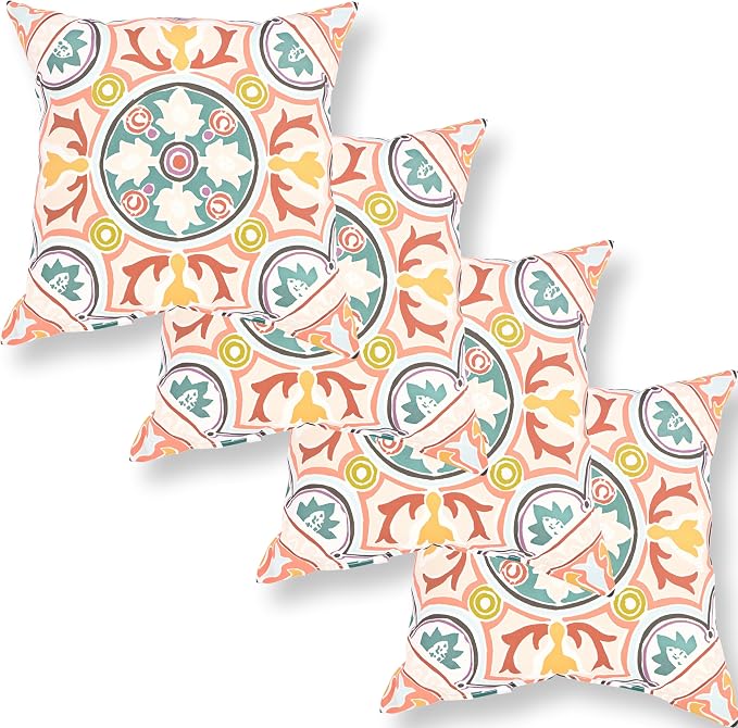 Outdoor Throw Pillows Waterproof Set of 4 18x18 Inches Colorful Kaleidoscope Outdoor Decorative Pillows with Insert for Bed, Couch, Sofa and Patio Furniture