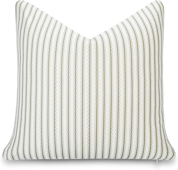 Modern Farmhouse California Casual Indoor Outdoor Throw Pillow Cover, 22"x22" Water Repellent for Patio, Backyard, Couch, Poolside, Oliver Green Print Wave Stripes