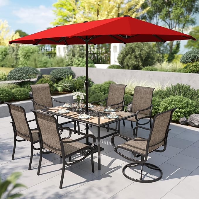 PHI VILLA 8 Pcs Outdoor Dining Set with 13ft Umbrella, Mesh Dining Chairs | 60'' wood-look rectangular table, 2 swivel & 4 fixed patio chairs and 13ft orange red umbrella(NO BASE) for deck, garden,yard