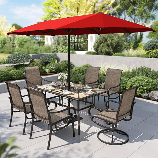 PHI VILLA 8 Pcs Outdoor Dining Set with 13ft Umbrella, Mesh Dining Chairs | 60'' wood-look rectangular table, 2 swivel & 4 fixed patio chairs and 13ft orange red umbrella(NO BASE) for deck, garden,yard