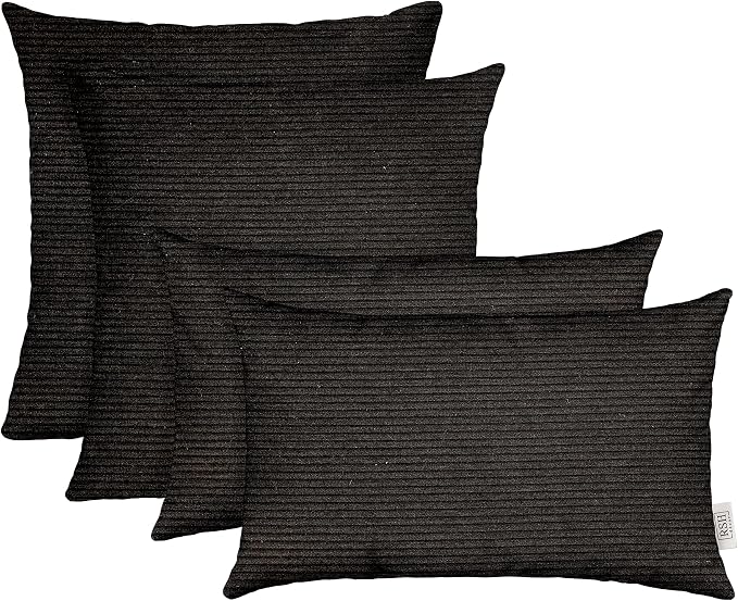 RSH DECOR: Lumbar & Square Pillows Set of 4 | 20" x 12" & 17" x 17" | Water and Fade-Resistant Performance Fabric | Outdoor Throw Pillows for Patio Furniture | Made in USA (Herringbone Black Stripe)