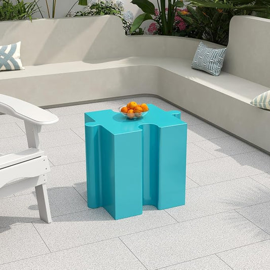 Christopher Knight Home Daton Interlocking Puzzle Outdoor Side Table, Lightweight Concrete Patio Coffee Table, Concave Edge MGO Modular End Table, Creative Set Up for Indoor&Outdoor Use, Sky Blue