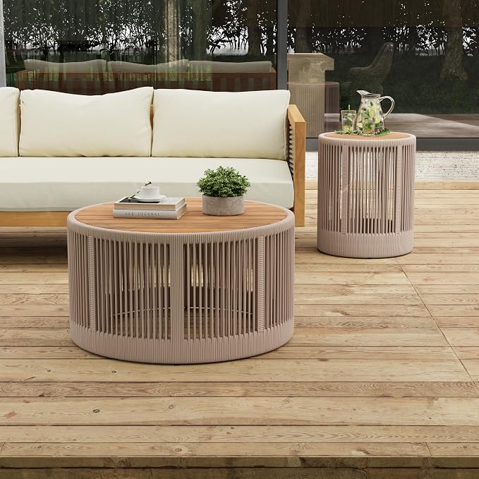 Christopher Knight Home Peyz Acacia Wood Outdoor Side Table Set of 2 with Woven Rope Design, Patio Round Coffee Table Set with Small Side Desk, Functionality Stylish 2 Tables for Garden, Teak + Beige