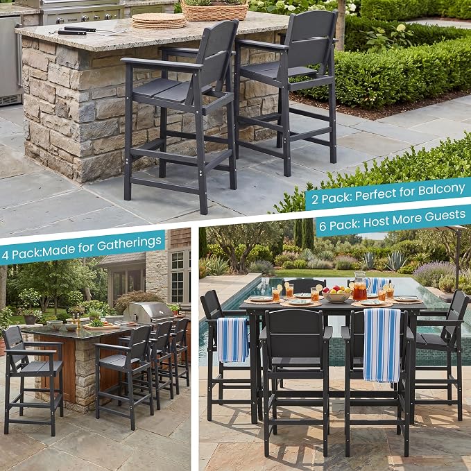 Outdoor Bar Table Set 3 Piece, HDPE Patio Bar Height Furniture Set with 2 Chairs, Small Space Patio Furniture, Weather Resistant Balcony Bistro Set for Garden, Deck, Porch, Premium Grey