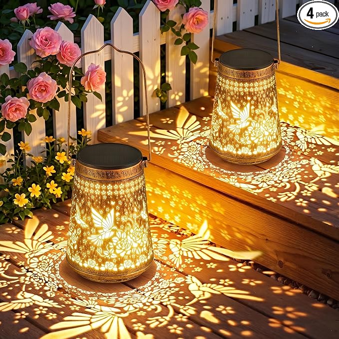 4 Pack Solar Lanterns Outdoor Waterproof, Birthday Gifts for Women Mom | Hollow-Out Metal Hummingbird Lantern, 2 Lighting Modes, Outside Hanging Solar Lights for Christmas Decorations, Garden Decor