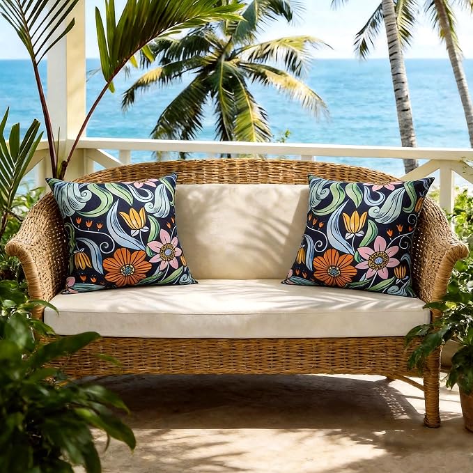 Outdoor Pillow Covers Waterproof Cushion Covers Patio Pillows Case 2 Pack | 18x18inch,Printed Boho Flowers,Seamless,Hidden Zipper,Machine Washable,Perfect decoration for Porch,Patio,Balcony