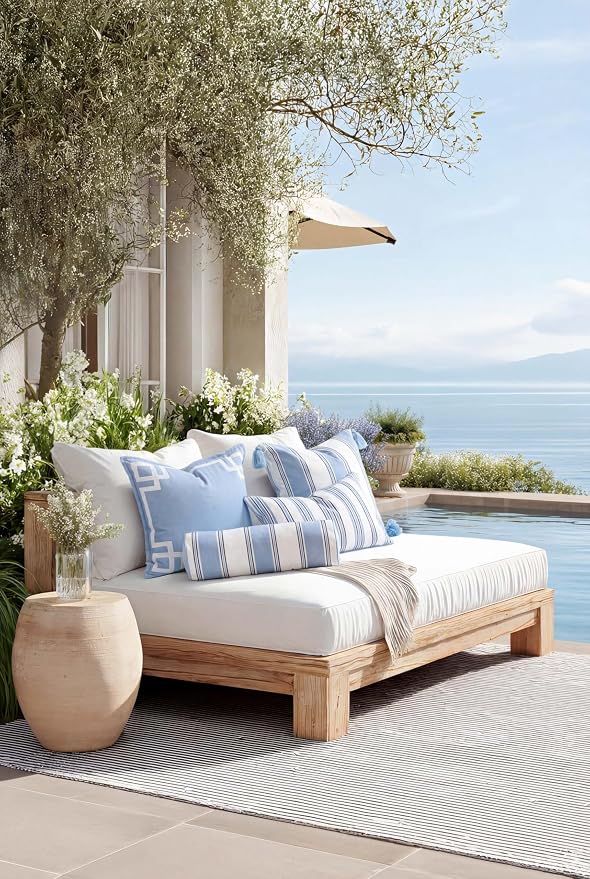 Hofdeco Premium Coastal Hampton Outdoor Performance Bolster Pillow Cover Only, 6"x20" Water Repellent, UV and Fade Resistant for Backyard, Couch, Poolside, Azure Blue Indigo Woven Harbor Stripes