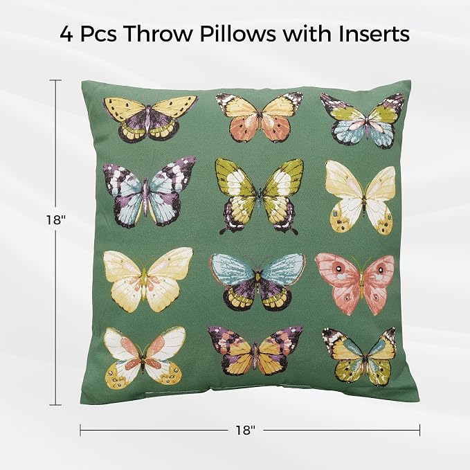 Volans 18" x 18" Outdoor Throw Pillows with Inserts Pack of 4, Water Repellent Decorative Pillows for Backyard, Bed, Couch, Sofa, and Patio Furniture, Butterfly