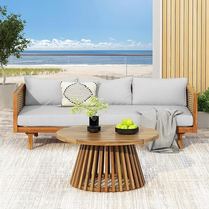 Merax Outdoor Acacia Wood Conversation Set, 3-Seat Loveseat Sofa w/Coushion, Round Coffee Table for Backyard, Patio Furniture, Teak+Light Gray