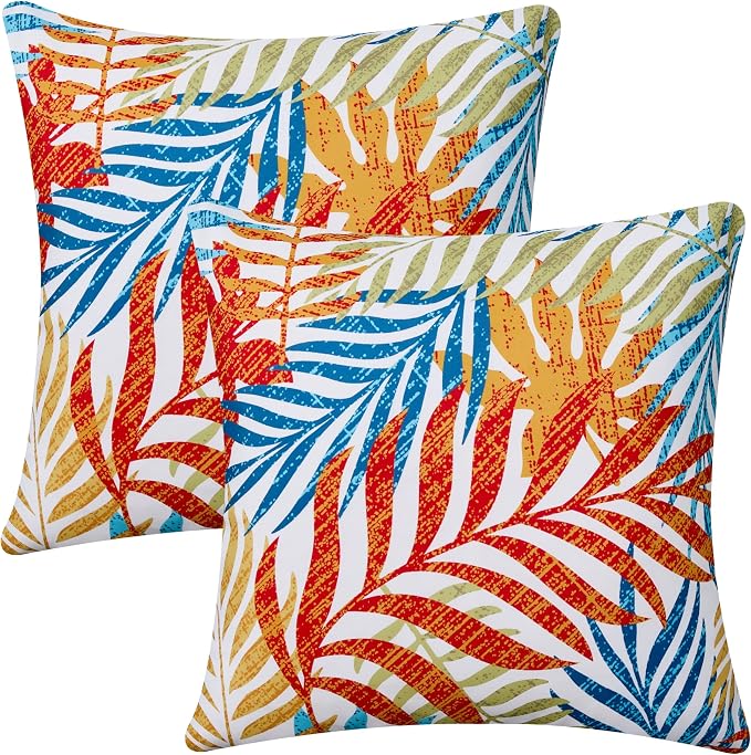 Allorry Outdoor Pillow Covers 16x16 Set of 2 Hawaii Tropics Palm Leaves Blue Red Floral Pattern Decoration Pillow Covers for Spring Summer Outdoor Waterproof Garden Patio Sofa Bed Decor JB010-A16