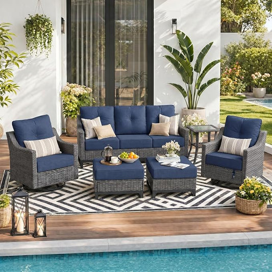 6 Pieces Patio Furniture Set, Weather-Resistant Wicker Swivel Rocker with Soft Cushions & Side Table,All Weather Outside Furniture with Ottoman for Porch, Garden, Backyard