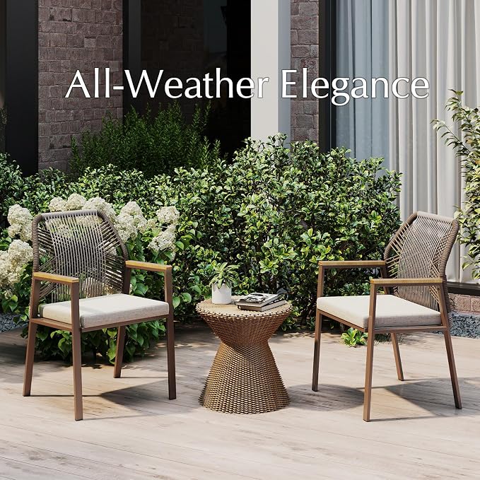 Aluminum Outdoor Patio Dining Chairs - Imitation Rope Vine Chair Ergonomic Backrest Design Detachable Seat Cushion Soft and Breathable Garden Porch, Light Brown 2Pcs