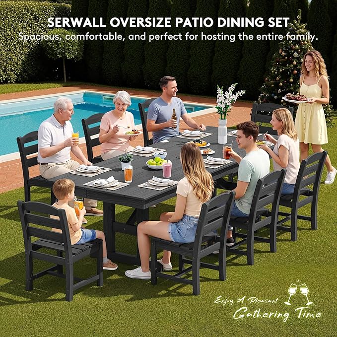 SERWALL Outdoor Armless Dining Chairs Set of 2, All-Weather HDPE Patio Chair with 19.7" Widened Seat, for Backyard, Garden, Black