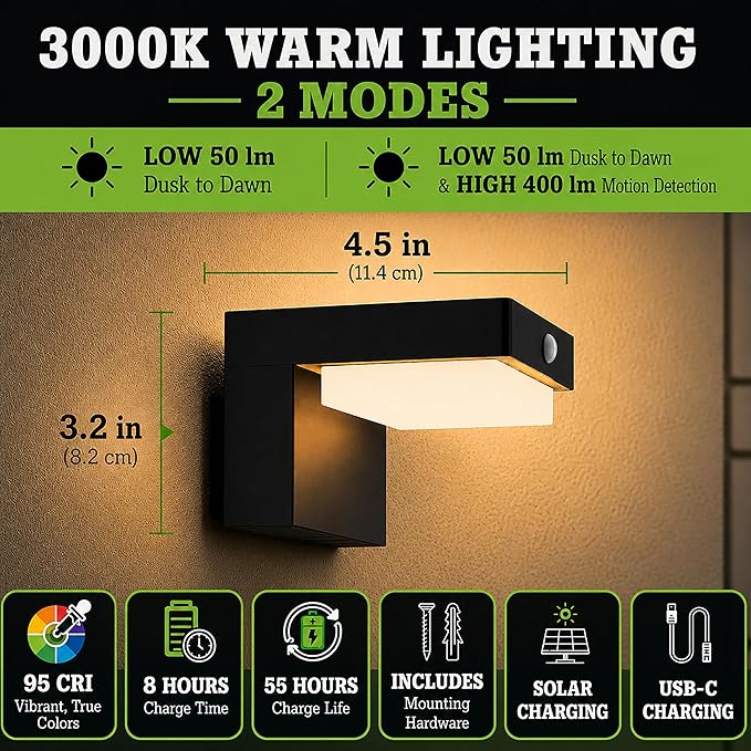 Solar Powered Wall Lamps, 55 Hour Life, Motion Sensor, 2 Modes, 2pk