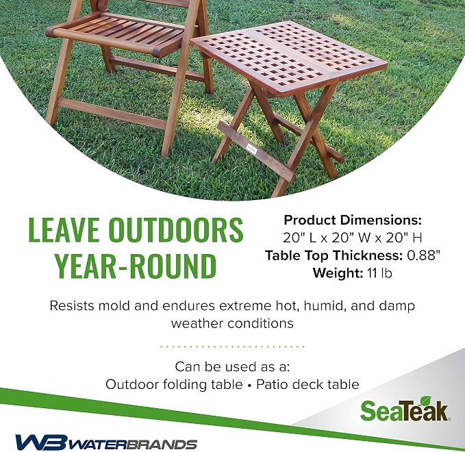 SeaTeak Square-Grate Top Folding Deck Table | Teakwood Folding Table | Small Folding Wood Table| 20" L x 20" W x 20" H