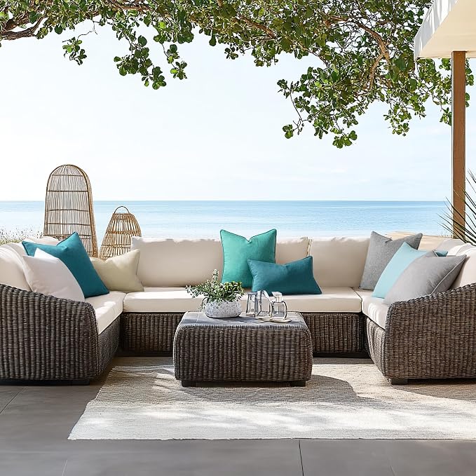 EMEMA Pack of 2 Decorative Outdoor Waterproof Throw Pillow Covers 18x18 Inch Solid Broadside Soft Outside Pillowcase Classic Cushion Cases for Patio Furniture Sunbrella for Balcony Decor Blue