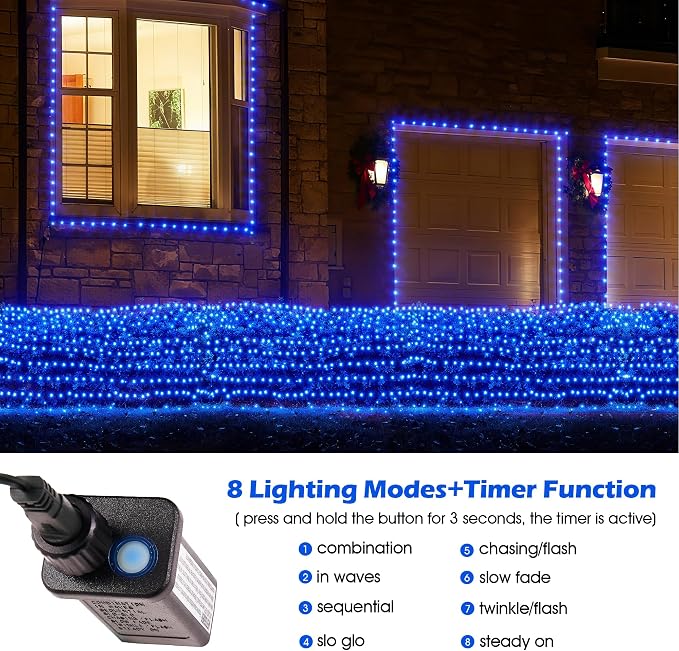 BlcTec Outdoor Christmas Lights 360 LED 9.8ft x 6.6ft Christmas Net Lights with 8 Modes, UL Certified, Timer, Connectable, Waterproof for Trees, Bushes, Shrubs, Yard Outdoor Xmas Decorations, Blue