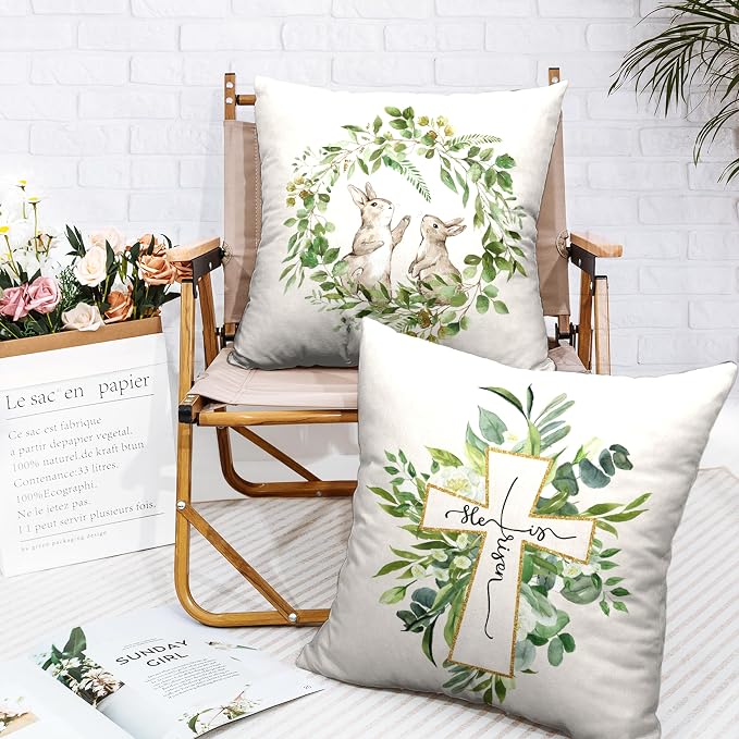 Spring Green Wreath Garland Throw Pillow Covers Easter Bunny Rabbit Pillow Case 20x20 He is Risen Cross Cushion Case for Living Room Home Decor Outdoor Car Set of 2