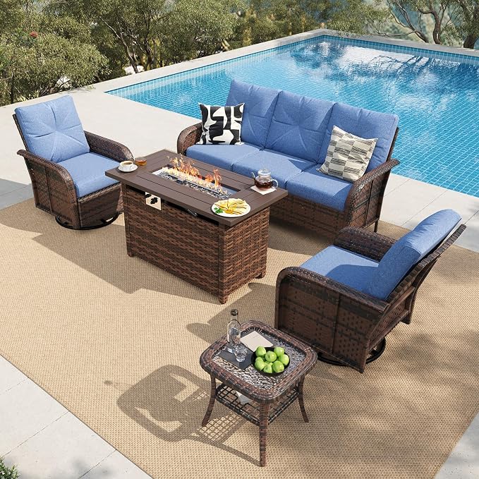 LazySunsets 7 Piece Outdoor Patio Furniture Set with 44'' Fire Pit Table, Wicker Rattan Outdoor Furniture with High Back Swivel Rocker Chairs, Outdoor Sofa Set with Thick Cushions, Navy Blue