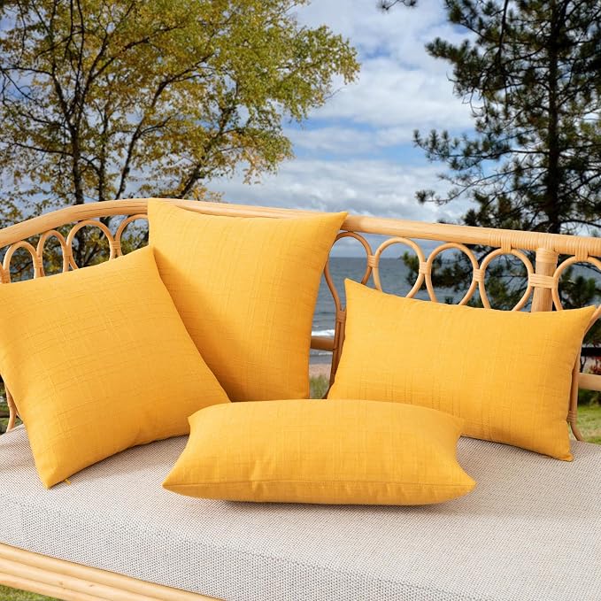 Kevin Textile Outdoor Waterproof 24”x24” Pillow Covers 2 Pack, Dark Yellow | Water Resistant, Soft Faux Linen-cotton Yarn-dyed Woven Texture Throw Pillow Covers for Tent Patio Garden Couch Sofa