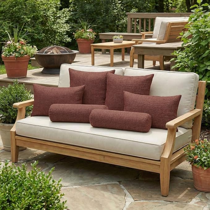 RSH DECOR: 6-Pack Pillow Set | Sunbrella Performance Fabric |Water & Fade-Resistant| 17" Square, 20"x12" Lumbar, 20"x6" Neck Roll | Outdoor Throw Pillows | Made in USA (Essential Russet)