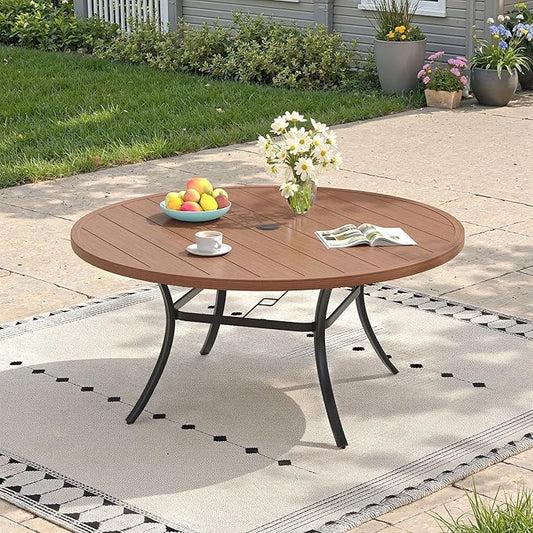 Outdoor Dining Table for 6, 50" Round Outdoor Table with Adjustable Umbrella Hole, All-Weather Metal Patio Dining Table for Lawn Garden Backyard Deck, Walnut