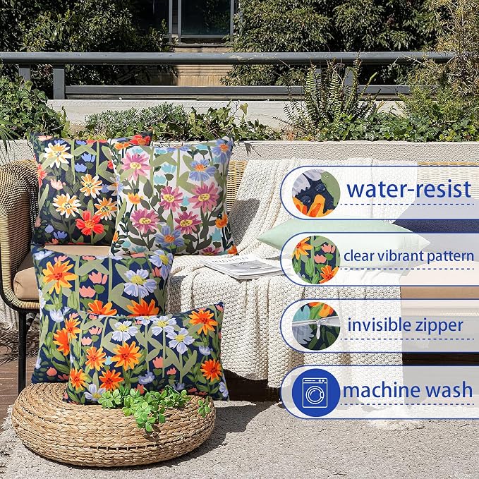 Pyonic Spring Summer Floral Outdoor Pillow Covers 20x20 inch Waterproof Throw Pillow Covers Outdoor Pillows for Patio Furniture Garden Bench Porch,Navy Blue