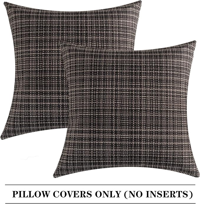 Kevin Textile Outdoor Waterproof 24x24 Inch Pillow Covers 2 Pack, Black | Water Resistant, Faux Linen Yarn-dyed, Woven Texture Euro Throw Pillow Covers for Tent Patio Garden Couch Sofa