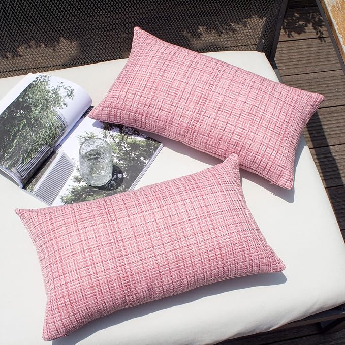 Kevin Textile Outdoor Waterproof 12"x24" Lumbar Pillow Covers 2 Pack, Pink | Water Resistant, Faux Linen Yarn-dyed, Woven Texture Throw Pillow Covers for Tent Patio Garden Couch Sofa