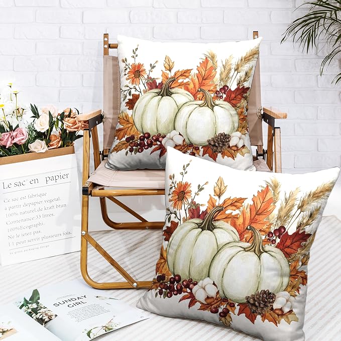 Fall Pumpkin Pillow Covers 20x20 Set of 2 Autumn Harvest Throw Pillow Covers Maple Leaves Pillowcase Thanksgiving Cushion Case for Home Decor Outdoor Sofa