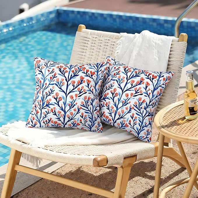 Floral Waterproof Outdoor Throw Pillow Covers 18x18 Inch Set of 2 | Blue and Orange Floral Pillow Cover, Summer Outdoor Decor Cushion Cases for Garden Patio Balcony Funiture Porch Couch Sofa